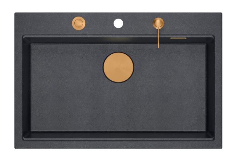 Quadri Hard Rock anthracite évier en granit à poser grande cuve 76x50cm incluant bouchon en cuivre et accessoires 1208967445