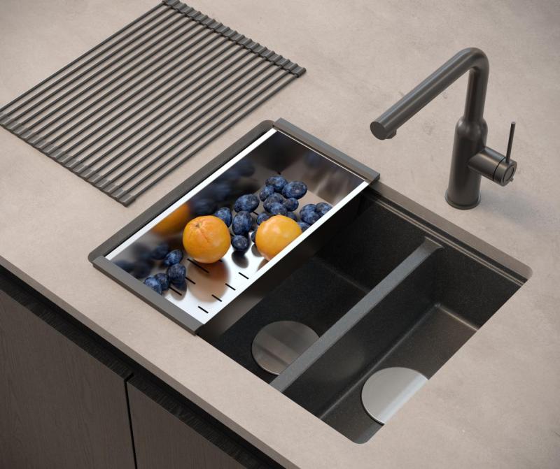 Quadri Newport II anthracite évier 1,5 bac granit montage en surface et sous-plan 555x460mm avec bouchon en inox 1208967472