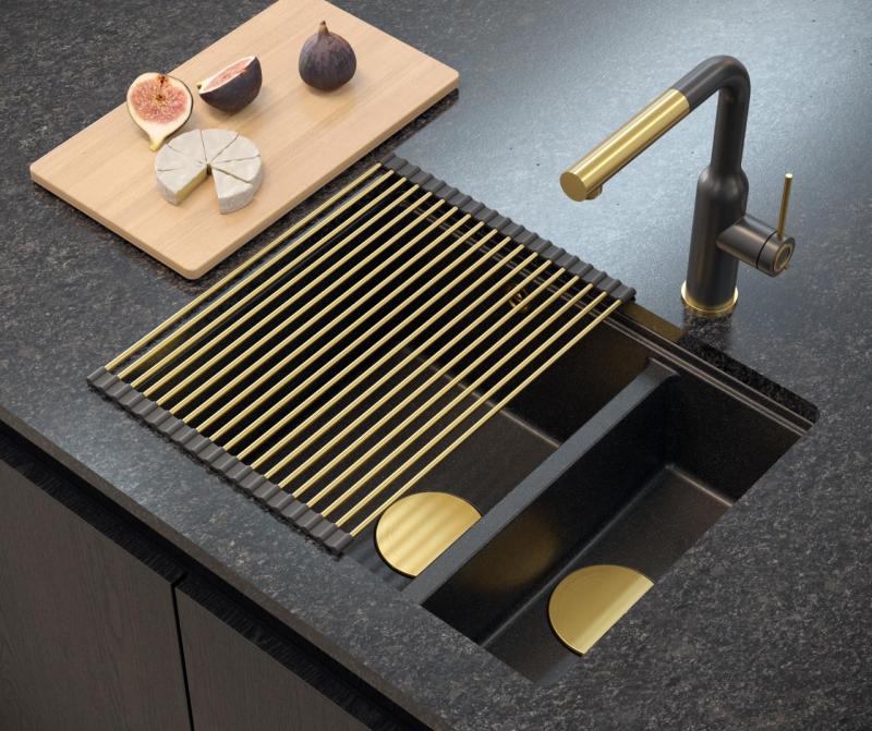 Quadri Newport II anthracite 1,5 cuve en granit encastrable et sous-plan 555x460mm avec bonde dorée 1208967473