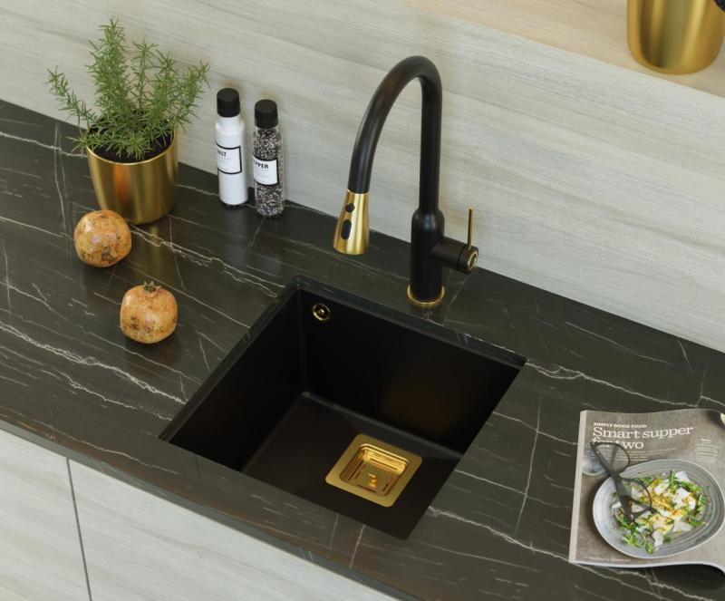 Quadri Quadrangle évier sous plan en granit noir 42x42cm avec bonde dorée 1208967481