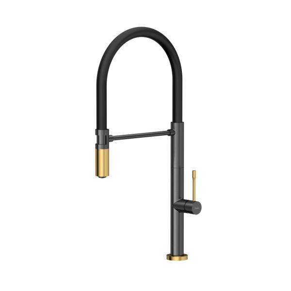 Robinet de cuisine Quadri Brighton en métal canon de fusil avec finition dorée et bec flexible noir 1208967496