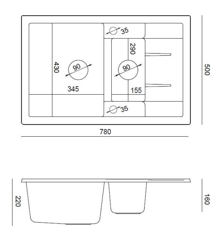 Quadri Brenton antracite évier en granit à poser 1,5 bac avec égouttoir 78x50cm avec bonde dorée 1208967557