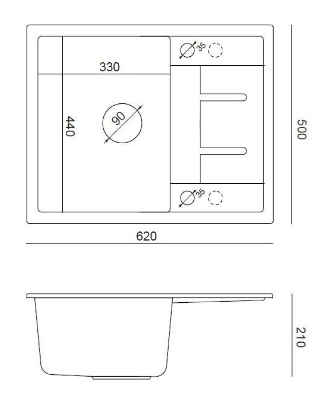 Évier de cuisine Quadri Dalton en granit anthracite avec égouttoir 62x50cm avec bouchon en inox 1208967570