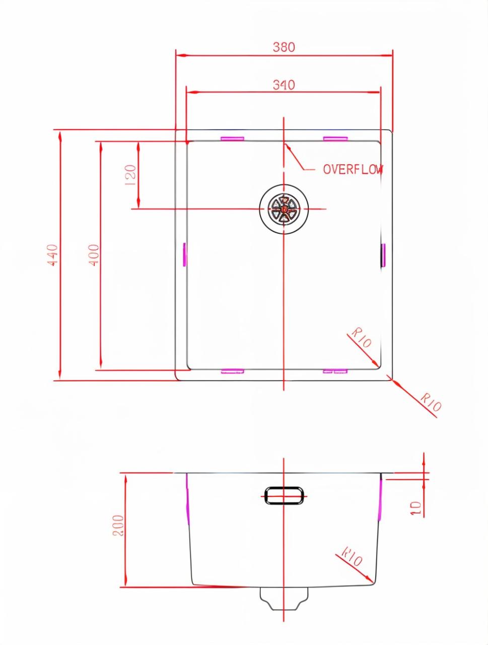 Évier Pure.Sink Prestige 34x40 cm PVD Cuivre rayon 10 mm montage sous-plan, à fleur et en surface PPG3440-62