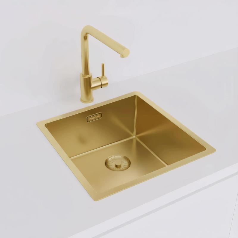Pure.Sink Prestige évier 40x40 cm PVD Or, rayon de 10 mm, installation sous-plan, à fleur et sur plan PPG4040-60