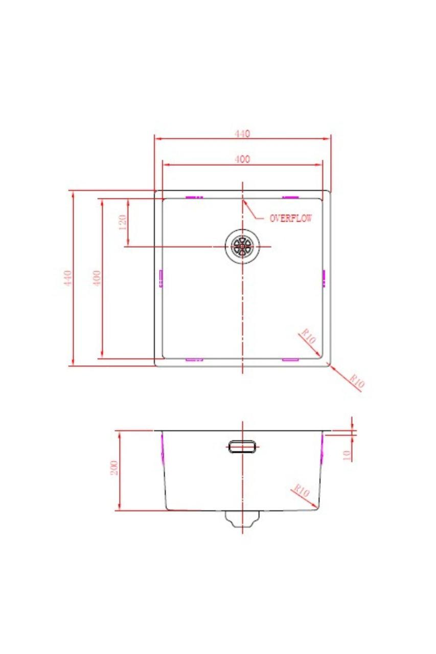 Évier Pure.Sink Prestige 40x40 cm PVD Cuivre 10mm rayon encastré, à fleur et posé sur le plan de travail PPG4040-62.