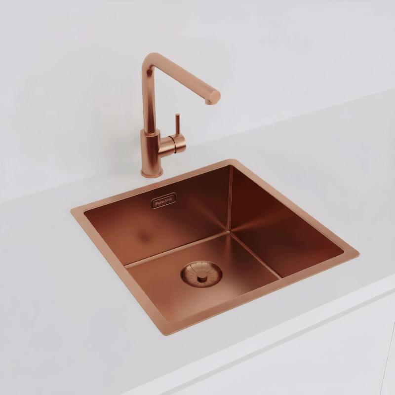 Évier Pure.Sink Prestige 40x40 cm PVD Cuivre 10mm rayon encastré, à fleur et posé sur le plan de travail PPG4040-62.