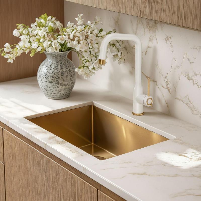 Quadri Stamford Mitigeur de Cuisine Blanc avec Finition Or PVD avec Bec Pivotant en Angle 1208967697