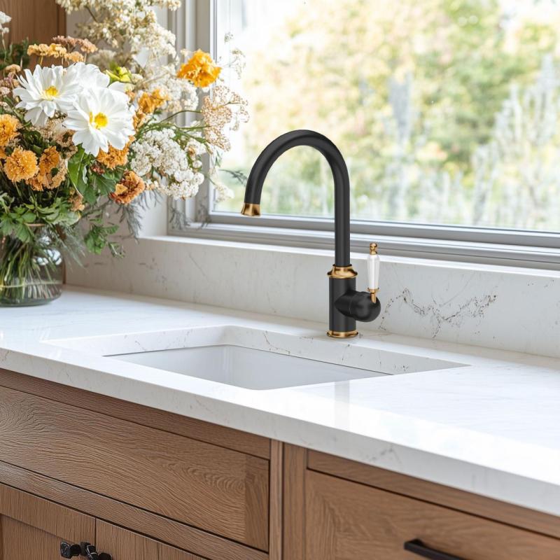 Quadri Worksop Robinet de Cuisine Classique et Nostalgique Noir avec Finition Dorée PVD et Poignée en Céramique 1208967725