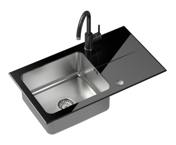 Set Quadri Glazz avec robinet de cuisine et évier encastrable en acier inoxydable avec égouttoir en verre noir - 77x44cm réversible - 1208967734