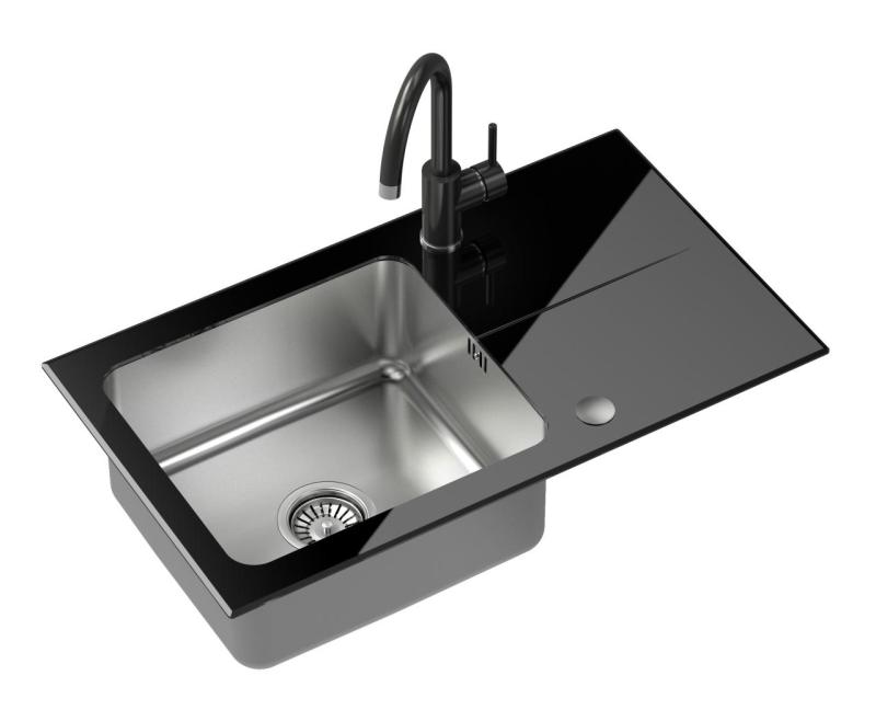 Set Quadri Glazz avec robinet de cuisine et évier encastrable en inox avec égouttoir en verre noir - 77x44cm réversible - 1208967734