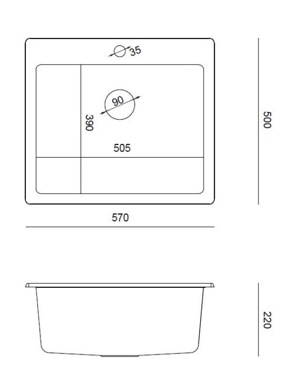 Quadri Sheffield Anthracite Évier en Granit à Poser ou à Encastrer 57x50 cm avec Égouttoir et Bouchon en Cuivre - 1208967814