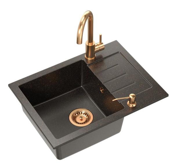 Quadri Kendal Set avec Robinet de Cuisine, Distributeur de Liquide et Évier en Granit Anthracite Cuivré 60x44 cm avec Égouttoir et Bonde en Cuivre et Trop-plein - 1208967841