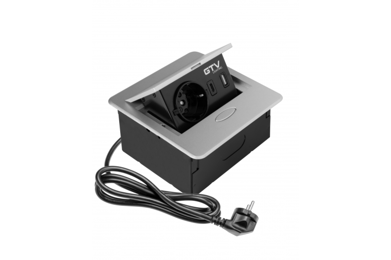 Prise encastrée pour meubles AVARO, 1x prise Schuko, USB A+C, câble de 1,5m, Argent