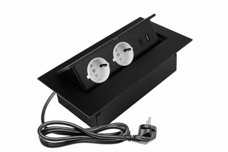 Prise pour meubles 2x prise schuko, USB A+C, sans câble, noir