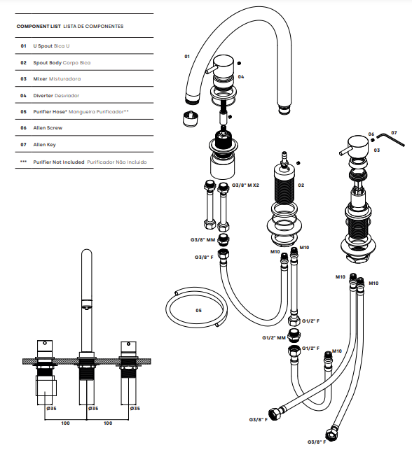 Waterevolution Flow mitigeur de cuisine à 3 trous avec bec pivotant et raccordement pour eau filtrée en acier inoxydable T152UIE