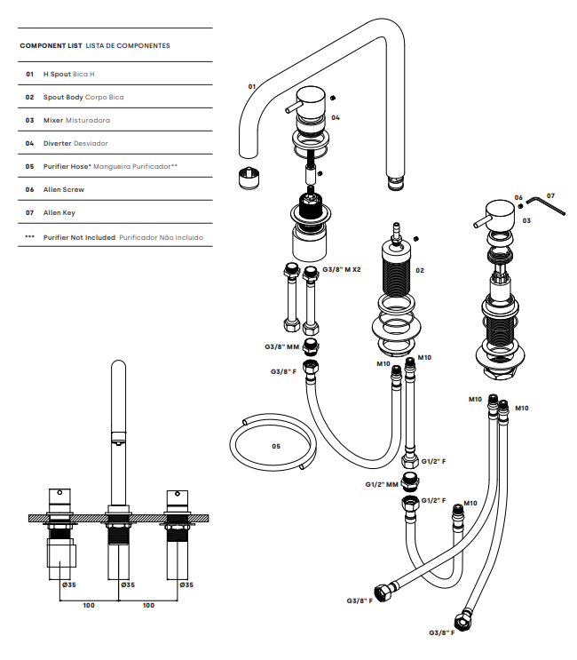 Waterevolution Flow mitigeur d'évier 3 trous à angle droit avec bec pivotant et raccordement pour eau filtrée chrome T152H01