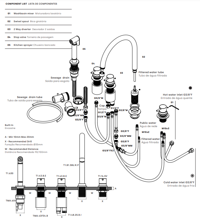 Waterevolution Flow robinet de cuisine à 5 trous avec douchette extractible et raccordement à l'eau filtrée en acier inoxydable T154UIE