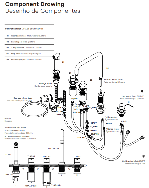 Waterevolution Flow mitigeur d'évier 5 trous en angle avec douchette extractible et connexion pour eau filtrée en acier inoxydable T154HIE