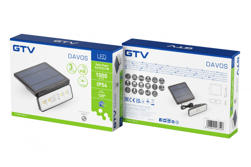 Luminaire solaire avec capteur de mouvement et crépusculaire DAVOS, LED, 1000lm, 4000K, 2000mAh, IP54, noir