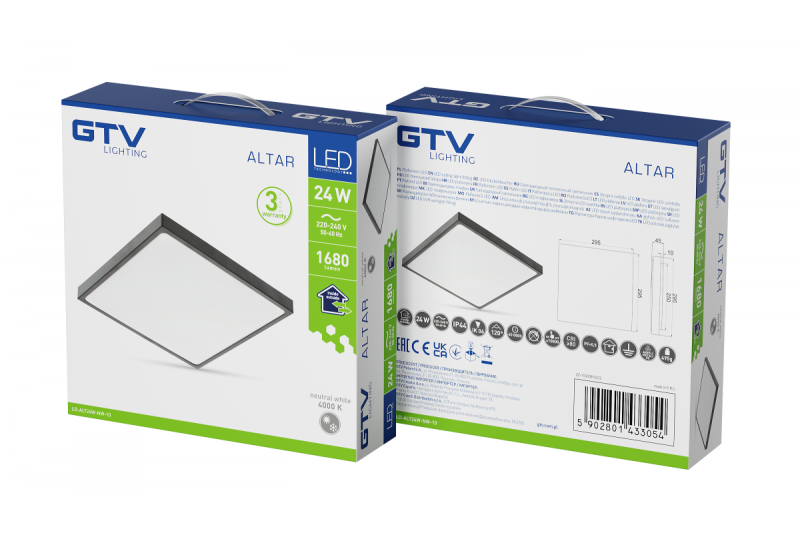 ALTAR LED Plafonnier, 295x295mm, 4000K, 24W, 1680lm, AC180-250V, 50/60 Hz, PF>0.5, IP54, noir, 3 ans de garantie.