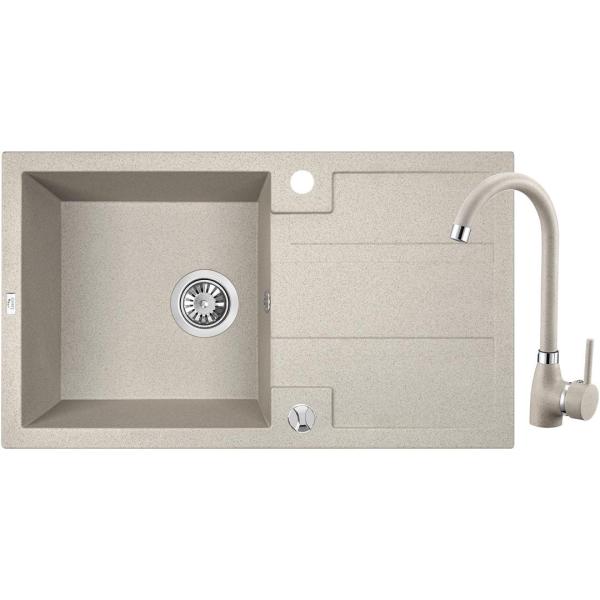 Aquadesign Hartwell Set - Évier en Granit Beige Sable avec Égouttoir et Robinet de Cuisine, 76 x 44 cm - 1208970088