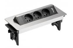 Rallonge de bureau sans cassette, triple prise avec mise à la terre, câble d'alimentation de 1,5 m avec fiche, inox.