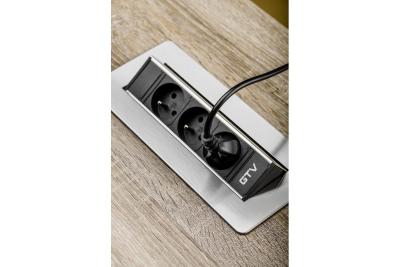 Rallonge de bureau sans cassette, triple prise avec mise à la terre, câble d'alimentation de 1,5 m avec fiche, inox.