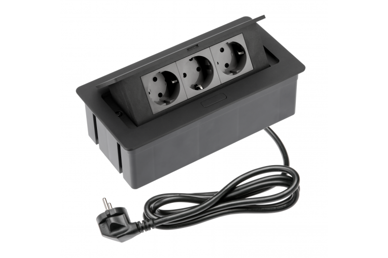 Meubelstopcontact SOFT 3x Schuko-stopcontact, stroomkabel met stekker, zwart.