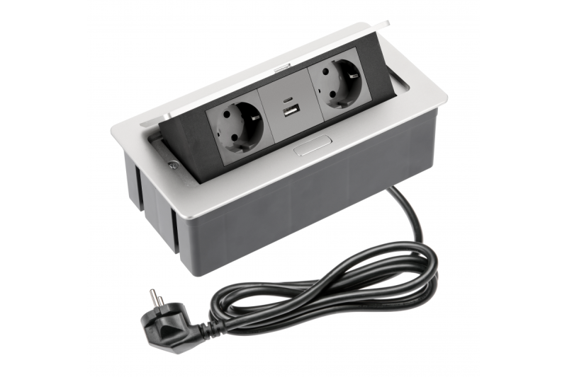 Meubelstopcontact SOFT 2x Schuko-stopcontact, USB A+C, stroomkabel met stekker, aluminium