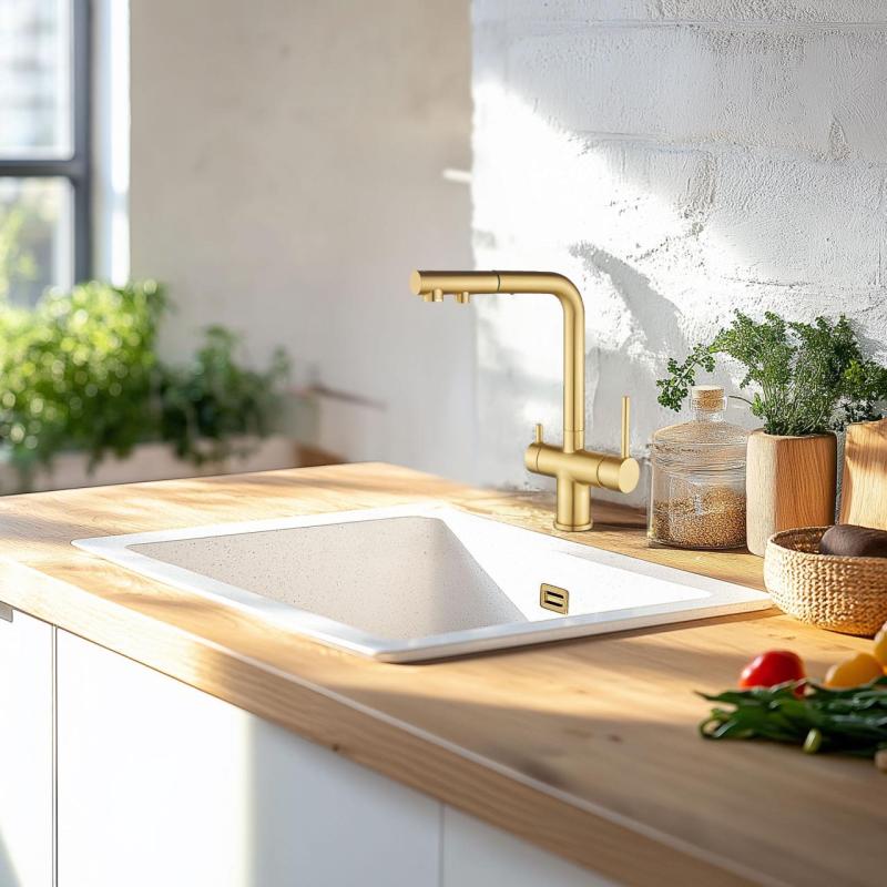 Ausmann Ellington Mitigeur de Cuisine à 3 Voies avec Bec Rétractable et Eau Filtrée – Or – 1208970498