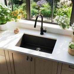 Ausmann Ceramic Ember Évier en céramique Mat Noir - Montage en surface et sous plan 54 x 40 cm avec bouchon en inox 1208970511