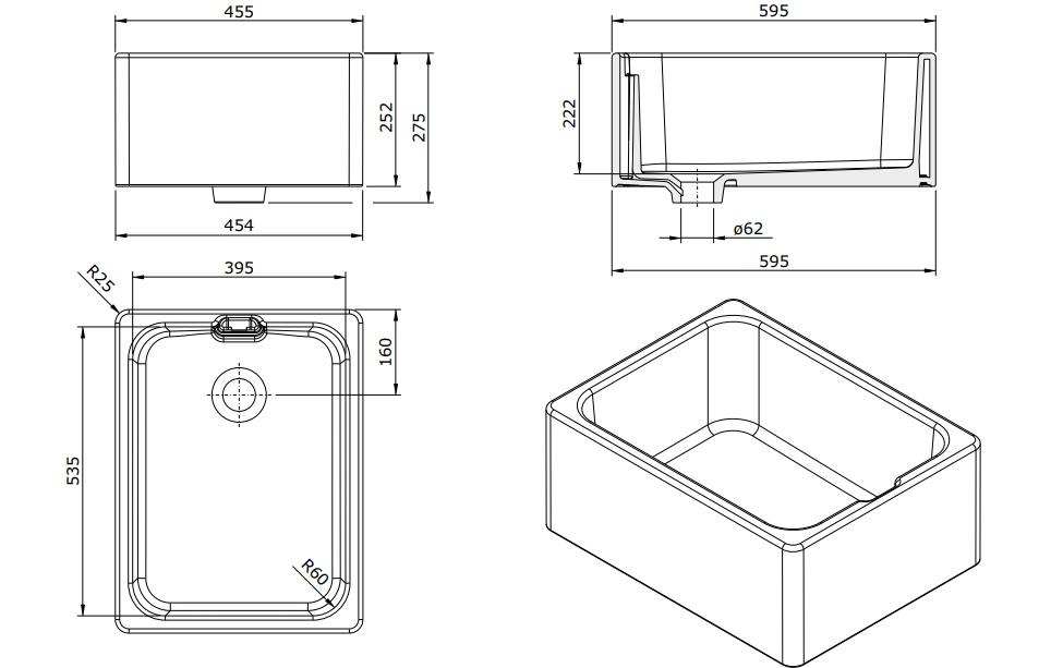 Ausmann Ceramic Haven Évier en Céramique Blanc - Posable, Encastrable et Semi-encastrable 595 x 455 mm 1208970513