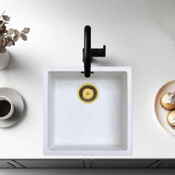 Évier Sable Blanc Crème 40x40 cm sous-plan, plan et encastré avec bouchon doré 1208970542