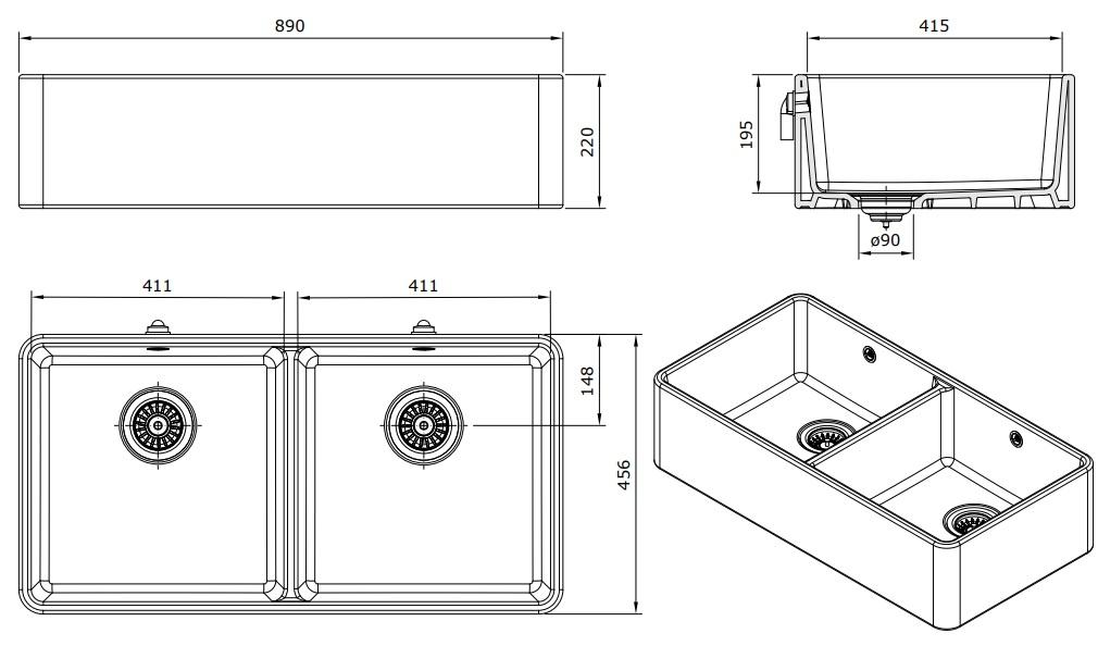 Ausmann Céramique Mira Évier Double en Céramique Blanche - Sous-plan et Encadré 890 x 456 mm 1208970549