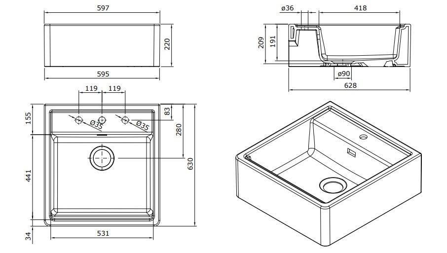 Ausmann Évier en Céramique Panor Shade Blanc - Installation sous plan et à encastrer 630 x 597 mm avec plage pour robinetterie et bonde en métal canon 1208970551