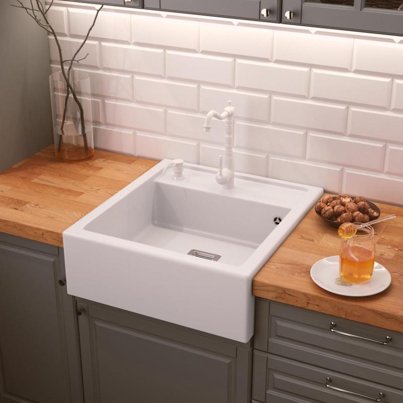 Graniteland Arno Évier en granit blanc à encastrer 582x620mm avec bouchon carré en inox 1208970604