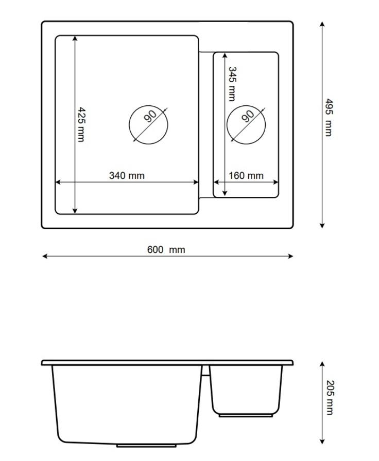 Graniteland Adda Granite noir Pierre bleue aspect évier simple Encastré 600x495mm avec bonde en inox 1208970619