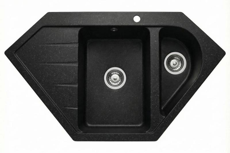 Graniteland Amiata Granit noir aspect pierre bleue Évier d'angle à encastrer 955 x 489 mm avec bouchon en acier inoxydable 1208970620