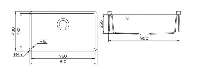 AquaGranite Modulo R19 grand évier en granit noir 76x43 cm sous plan et encastré avec bouchon en inox 1208970688