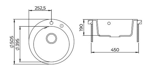 Voici la traduction van de tekst naar het Frans: AquaGranite Lago Évier rond en granit blanc à poser 505 mm avec bouchon en inox et 1 trou pour robinet 1208970689.