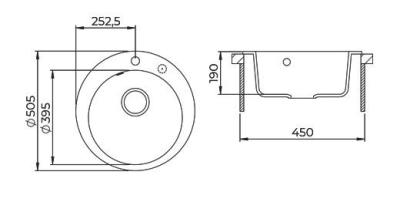 AquaGranite Lago Évier rond en granit blanc de 505mm avec bouchon en inox et 1 trou pour robinet 1208970689