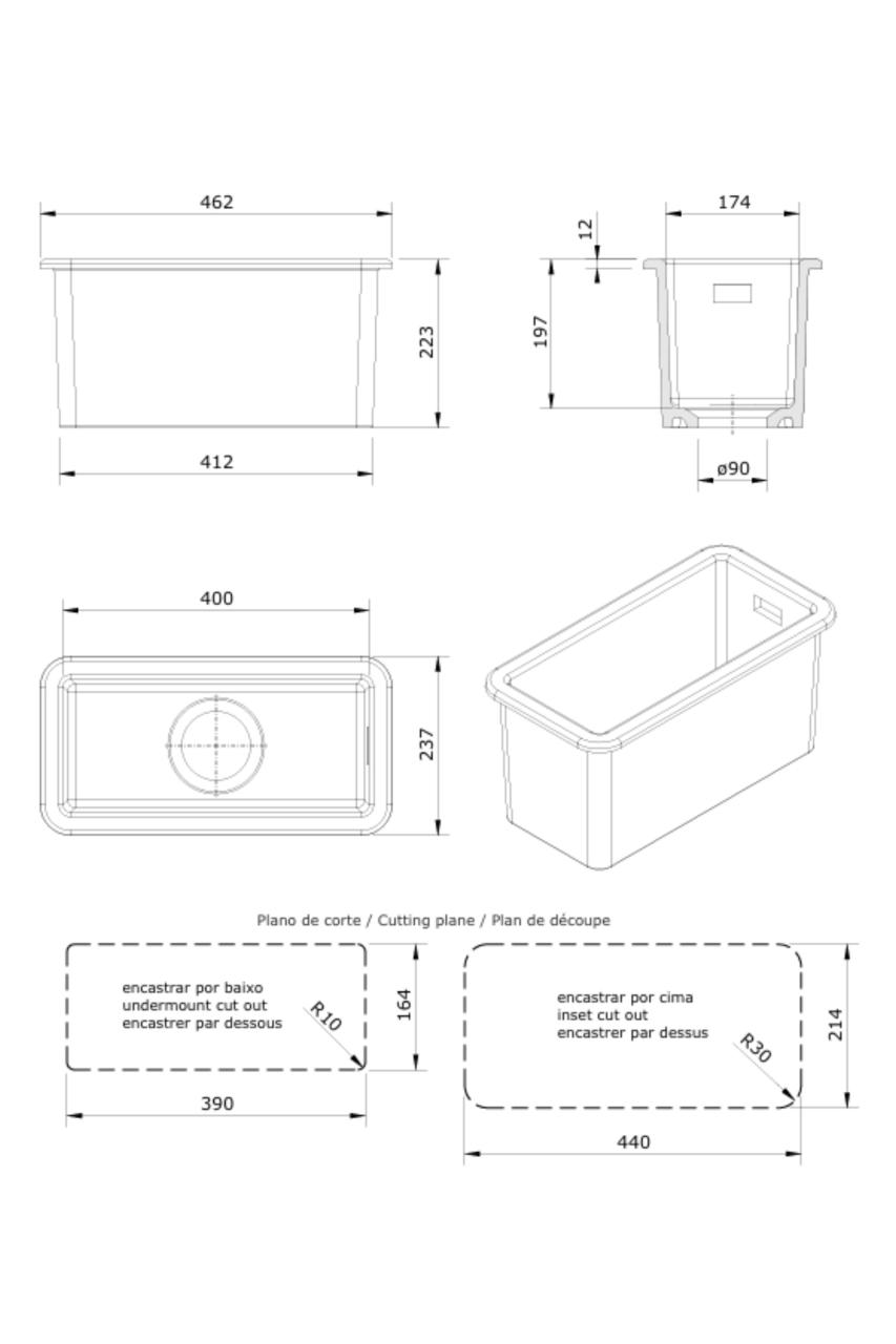 Ausmann Céramique Ember Évier en demi-encastré et à poser en céramique blanche 174 x 400 mm avec bonde en acier inoxydable 1208970734