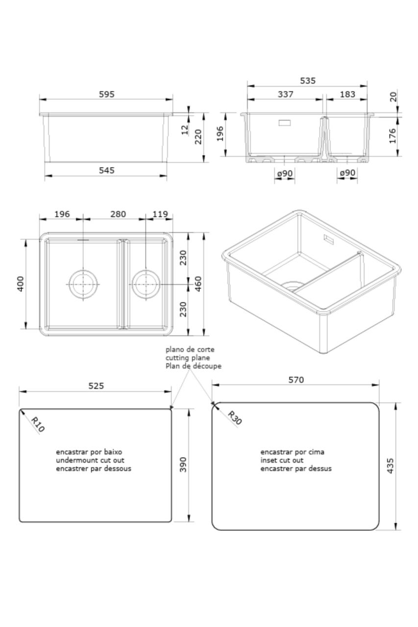 Voici la traduction van de gegeven tekst naar het Frans: Ausmann Ceramic Ember Évier en Céramique Blanc et Demi à Poser et à Encaster 535 x 400 mm avec Bouchons en Acier Inoxydable 1208970735