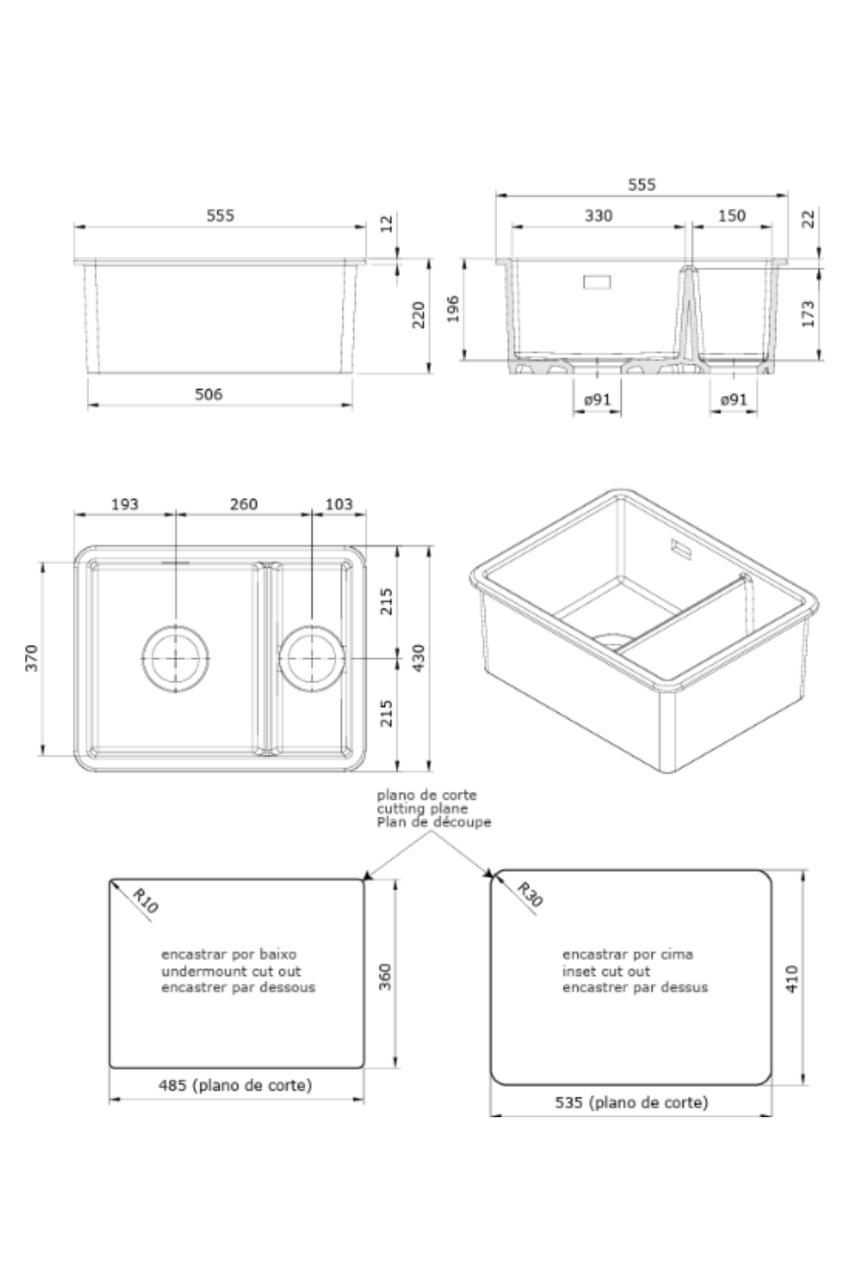 Voici la traduction van de tekst naar het Frans: "Ausmann Céramique Ember Évier en Céramique Blanc et Demi à Encastrer et à Poser 495 x 370 mm avec Bouchons en Acier Inoxydable 1208970736".