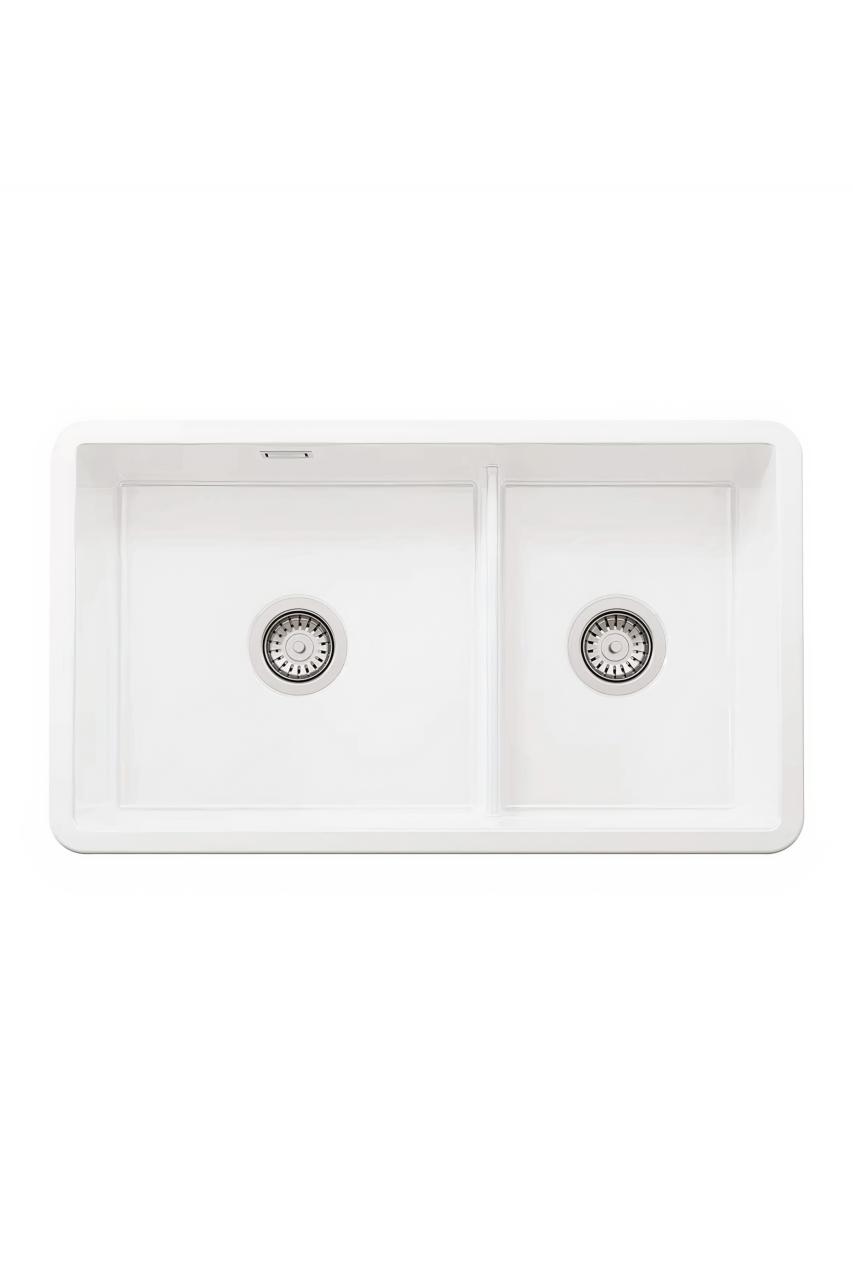 Ausmann Évier en céramique Ember Blanc à Une et Demie Cuve Montage en Surface et Sous-Plan 733 x 401 mm avec Bouchons en Acier Inoxydable 1208970737