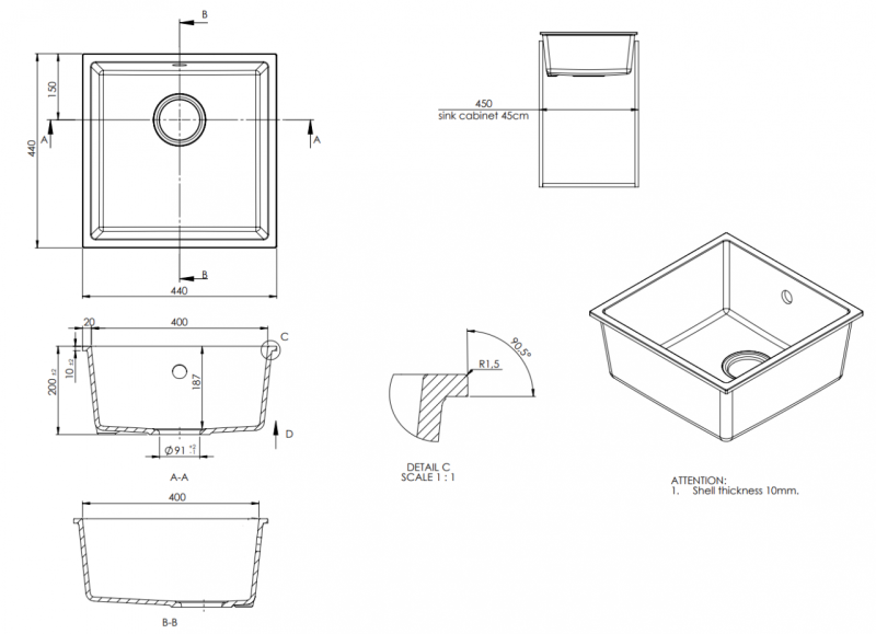 GraniteMy Universal Granieten Grijs Spoelbak 40x40 cm Opbouw, Onderbouw en Vlakinbouw met RVS Plug 1208970743