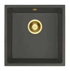 GraniteMy Universel Granit Gris, foncé Évier 40x40 cm Montage en surface, sous plan et à fleur avec Bouchon Doré 1208970748