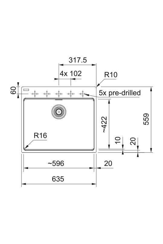 Franke Maris MRG 610-60 Care Fragranite Stone gris peu profond évier pour personnes à mobilité réduite 635 x 559 mm montage en saillie avec trou de robinet 114.0729.486