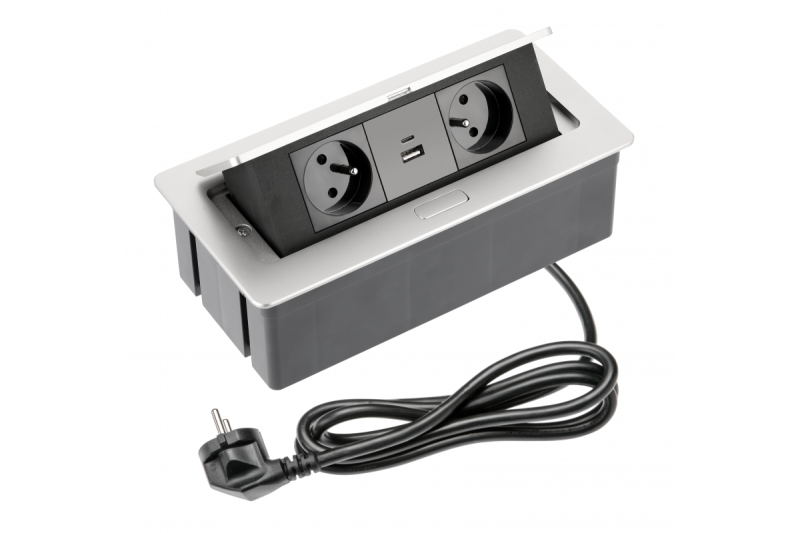 ZACHTE meubelstekkerdoos 2x stopcontact met aarding, USB A+C, voedingskabel met stekker, aluminium.